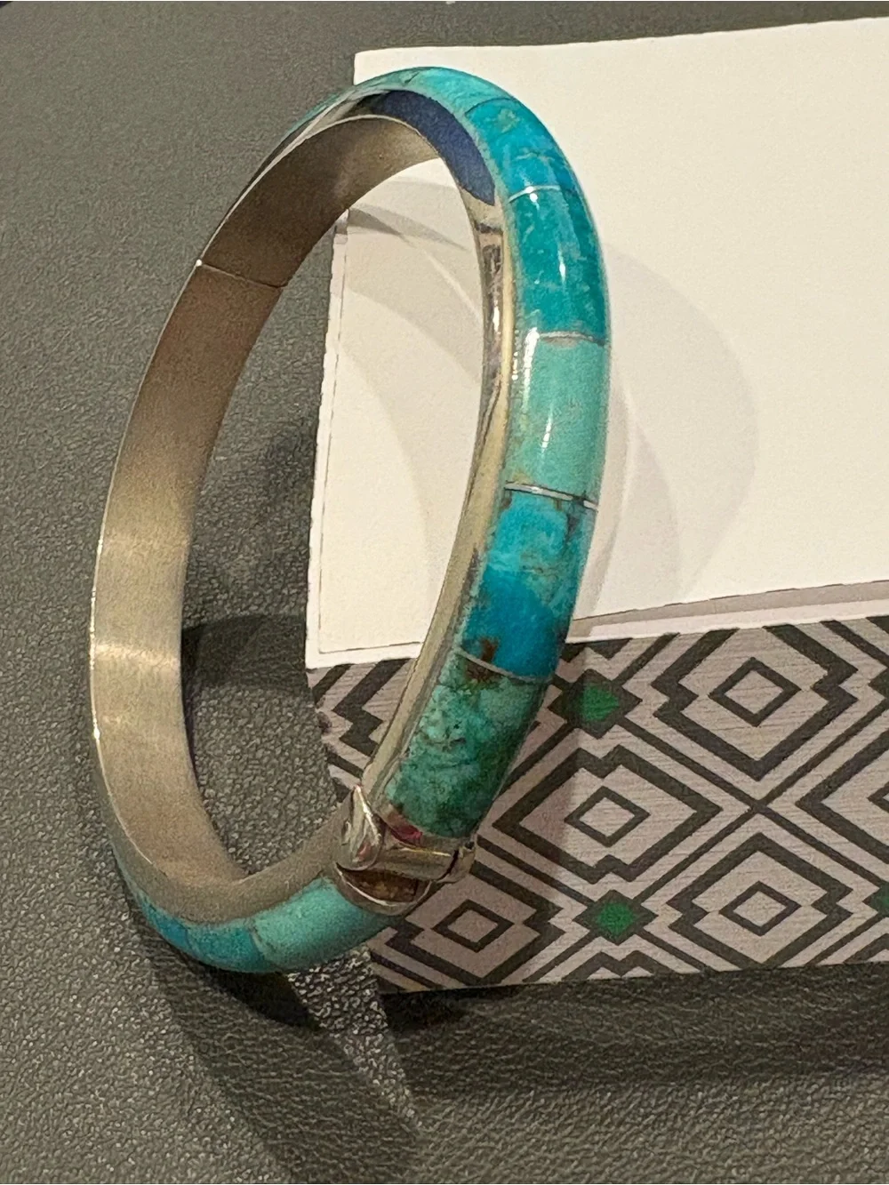 Turquoise Inlay Silver Hinged Bangle Bracelet - Blue Green